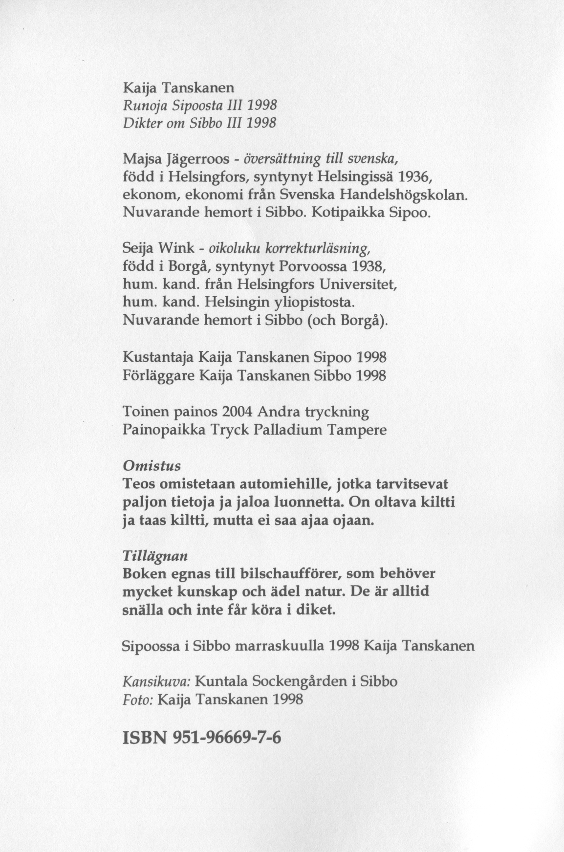 Scanned page 2 of Runoja Sipoosta, osa III / Dikter om Sibbo, del III; complete transcript available below.
