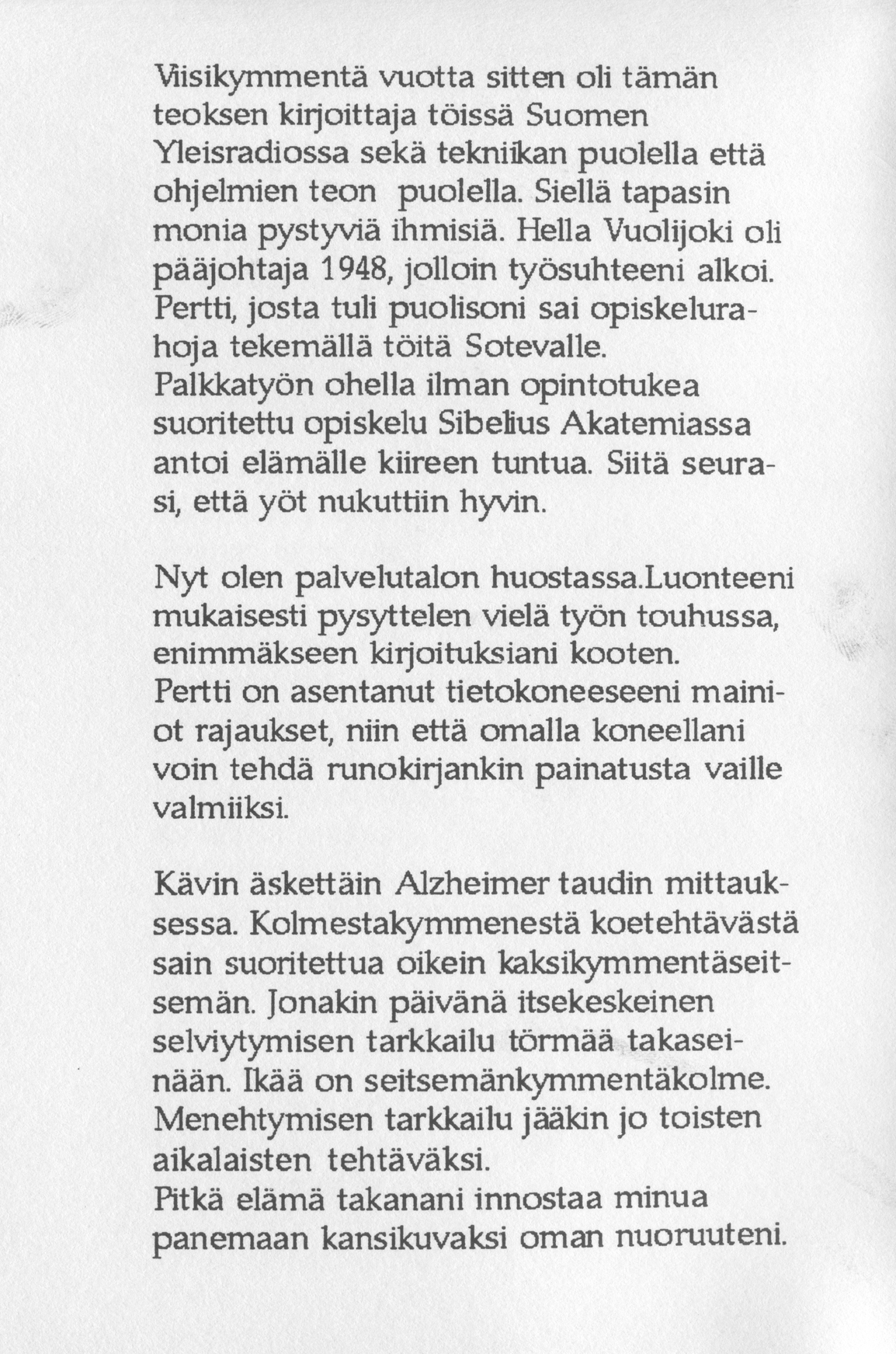 Back cover of Runoja Sipoosta, IV osa by Kaija Tanskanen; transcript available below.