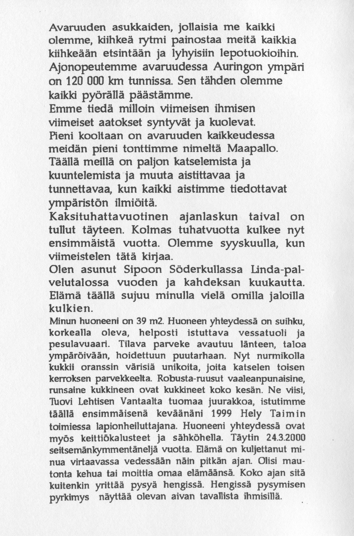 Back cover of Runoja Sipoosta, V osa by Kaija Tanskanen; transcript available below.