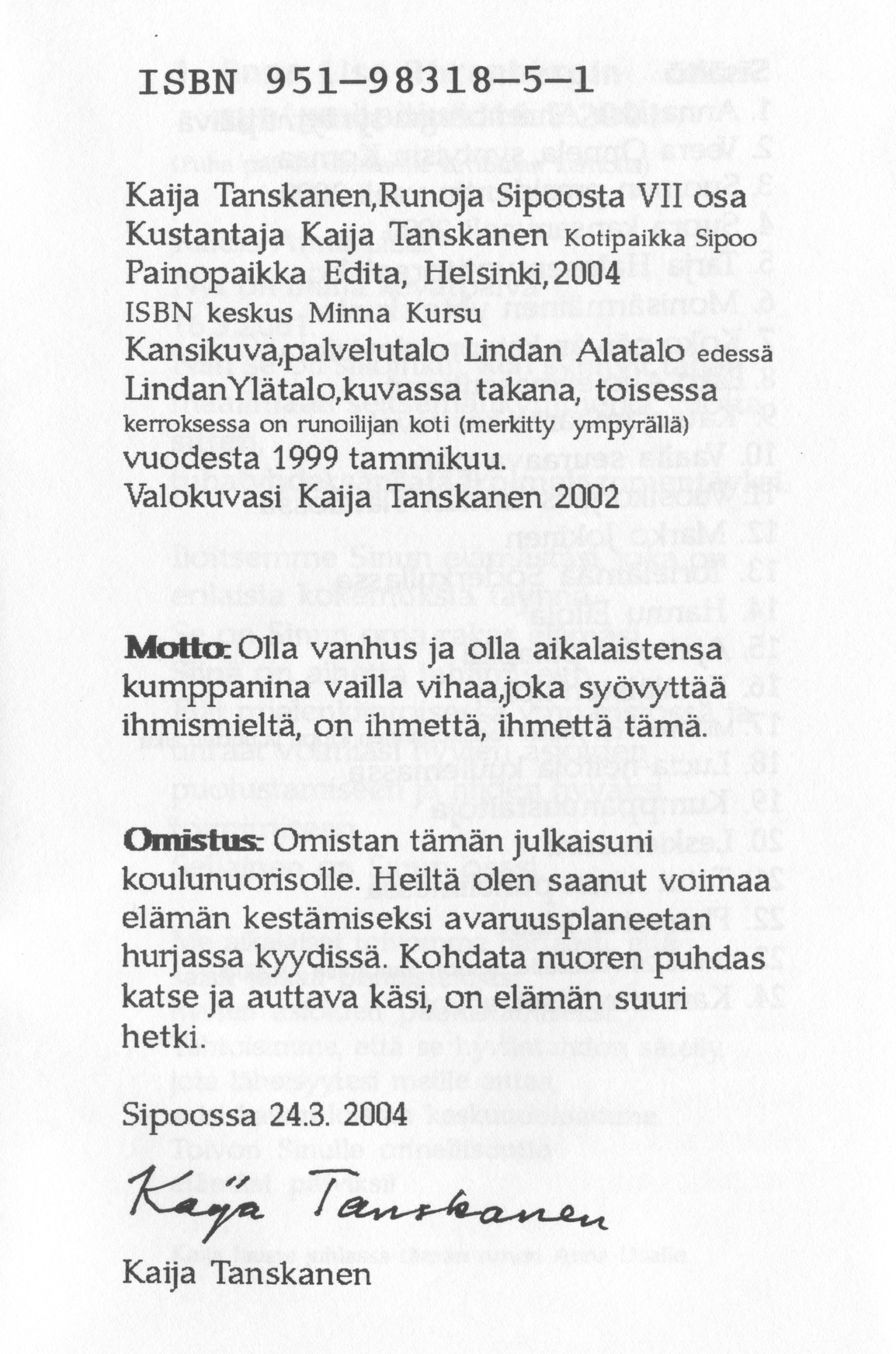 Scanned page 5 of Runoja Sipoosta, VII osa; complete transcript available below.