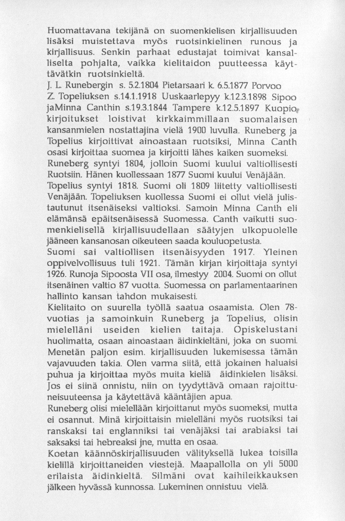 Back cover of Runoja Sipoosta, VII osa by Kaija Tanskanen; transcript available below.