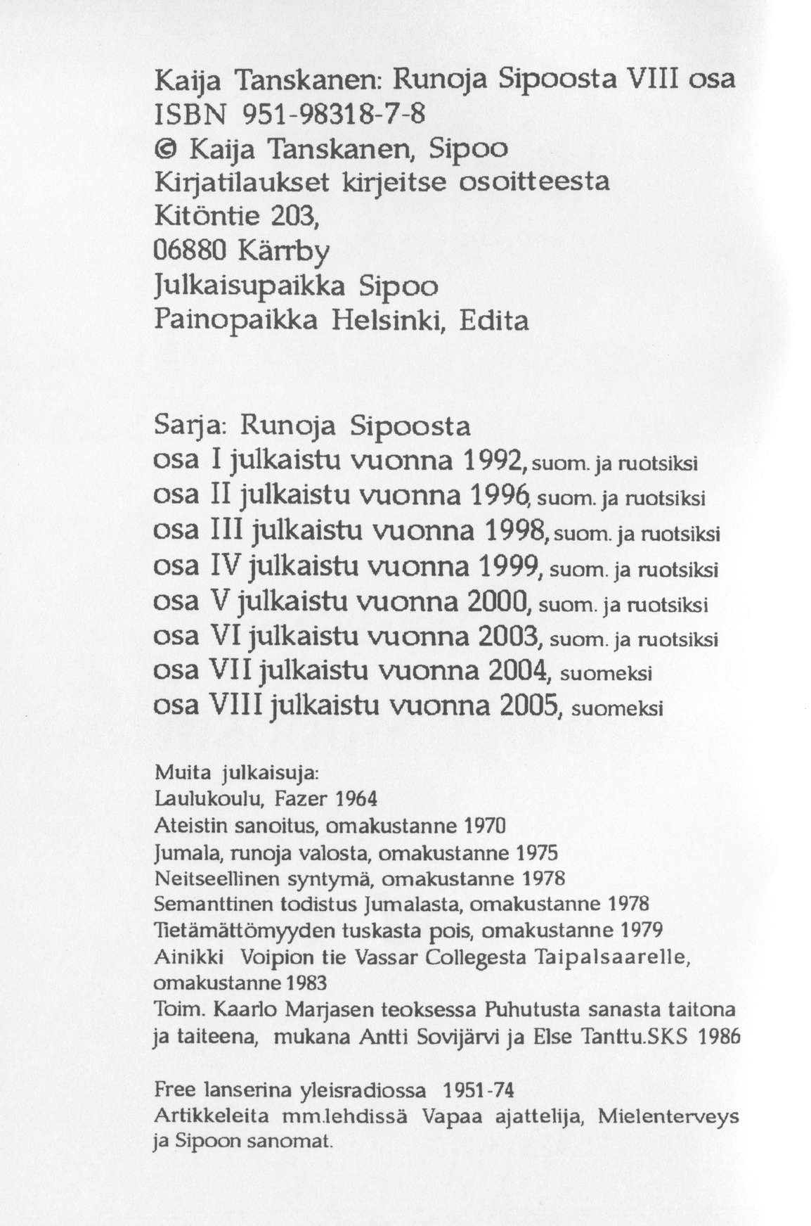 Scanned page 2 of Runoja Sipoosta, VIII osa; complete transcript available below.