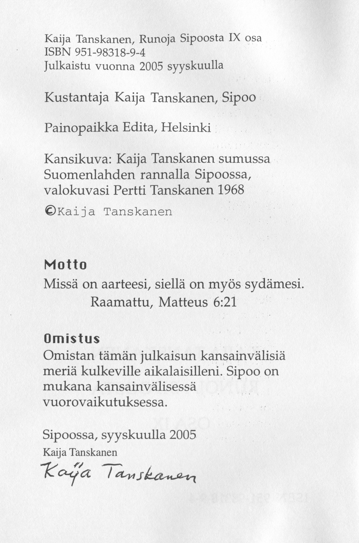 Scanned page 4 of Runoja Sipoosta, osa IX; complete transcript available below.