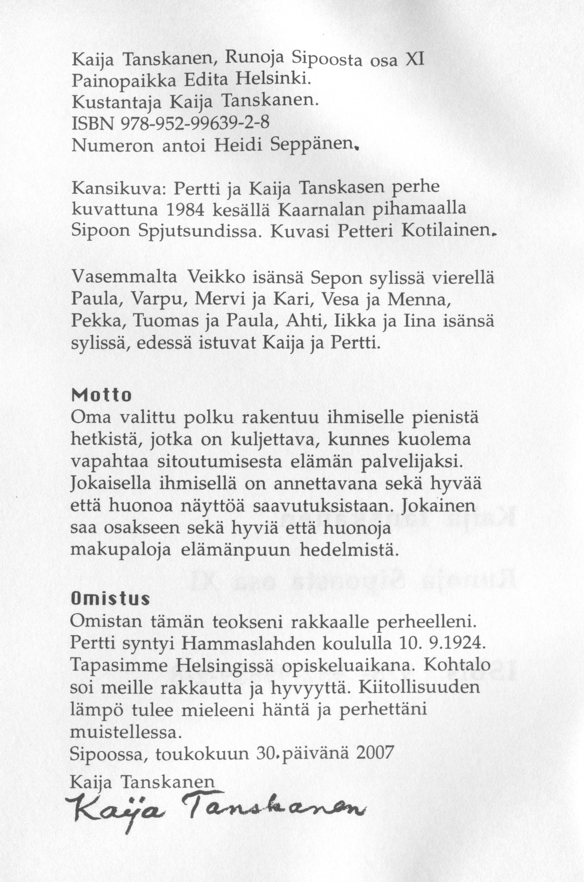 Scanned page 4 of Runoja Sipoosta, osa XI; complete transcript available below.